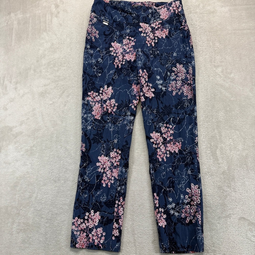 Lisette L Montreal Pants Womens 8 Navy Blue Pink Floral Pull On Slim Leg Trouser